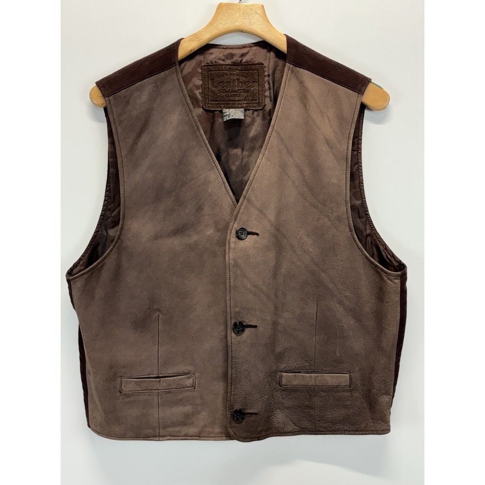 Vtg 80s 90s Gap Leather Vest Mens L Brown Waistcoat Cinch Buckle Back Chamois